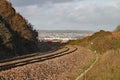 A curve in the tracks near the West Coast mainline station at Dawlish in Devon taken at the time of the repair works due to the Royalty Free Stock Photo