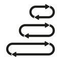 Curved arrows icons. Directional loop symbols. Black and white vector. Navigation and flow.