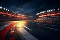 Curved asphalt racing track and illuminated race sport at stadium evening arena and spotlight