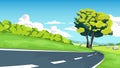 Curved asphalt road path and environment of wide open fields of green grass. Big tree at the bend. Royalty Free Stock Photo