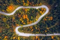Curved bending road in the forest. Aerial image of a road. Forrest pattern. Scenic curvy road seen from a drone in autumn. Aerial Royalty Free Stock Photo