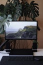 Curved big screen with laptop. Stylish work place at home with homeplants