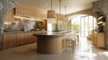 Curved cabinets and natural stone create an inviting kitchen with ambient light in modern design Royalty Free Stock Photo