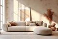 Curved corner sofa against of aged stucco wall. Loft interior de