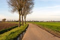 Curved country road with mud and puddles in a Dutch polder lands Royalty Free Stock Photo