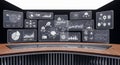 Curved Desk with Multiple Transparent Screens Showing Data, Graphs, and Network Diagrams display Royalty Free Stock Photo