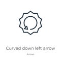 Curved down left arrow icon. Thin linear curved down left arrow outline icon isolated on white background from arrows collection. Royalty Free Stock Photo