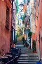 Curved elevated stairs street full of outdoor elements like street lanterns, growing plants, balconies and windows telling their