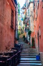 Curved elevated stairs street full of outdoor elements like street lanterns, growing plants, balconies and windows telling their