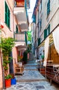 Curved elevated stairs street full of outdoor elements like street lanterns, growing plants, balconies and windows telling their