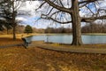 A curved footpath around a still green lake with green park benches surrounded by lush green and bare winter trees Royalty Free Stock Photo