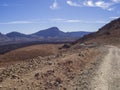 curved footpath road to volcano pico del teide with desert volcanic landscape orange and purple mountain, clear blue sky