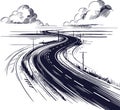 Curved Highway with Power Lines and Clouds Line Art Drawing Royalty Free Stock Photo