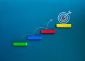 Curved line arrow jumping on colorful stair blocks from below to the target icon on the top block on blue background.