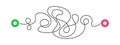 Curved line with green start and red finish point. Difficult way, chaos path, hard route symbol isolated on white
