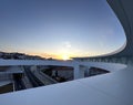 Halo bridge of the modern panoramic elevator and viewpoint during sunset in Vigo, Galicia, Spain, April 2024 Royalty Free Stock Photo