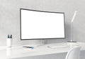 Curved monitor on white desktop concrete interior mockup 3D rendering