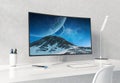 Curved monitor on white desktop concrete interior mockup 3D rendering