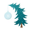 Curved oblique fir tree with Christmas ball, vector illustration.