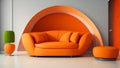 Curved orange sofa in room with 3D painting background. Minimalist home interior design of modern living room.