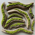 Curved pieces of driftwood with natural grooves are adorned with vibrant green moss clusters, Royalty Free Stock Photo