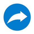 Curved rigth arrow icon. Blue next mark pointer symbol. Sign app button vector