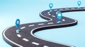 Curved road with blue location pins on a light blue background. 3D Rendering Royalty Free Stock Photo