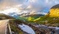 Curved road and mountain valley panorama on the way from Dalsnibba to Geiranger fjord, Geiranger, Sunnmore,  Romsdal county, Royalty Free Stock Photo