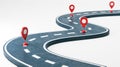 Curved Road with Multiple Red Location Pins on a White Background. 3D Rendering Royalty Free Stock Photo