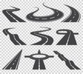 Curved roads vector set. Asphalt road or way and curve road highway. Winding curved road or highway with markings. Royalty Free Stock Photo