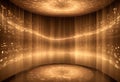 A curved room with glowing walls, creating a sense of depth and perspective. The walls display a pattern of glowing