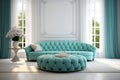 Curved round turquoise tufted sofa and pouf in room with white classic panels wall