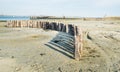 Curved row of wooden poles on the beach