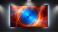 Curved screen displaying vibrant abstract blue and orange swirling light pattern on a dark wall Royalty Free Stock Photo