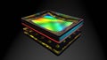 Curved sensor for digital camera, prototype 3D rendering, stacked: matrix, magnetic bender, memory, processor