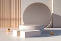 Curved shape, square shape, podium display, light and shadow, pastel color and cream theme, minimal style - 3d rendering