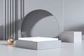 Curved shape, square shape, podium display, light and shadow, pastel color and gray theme, minimal style - 3d rendering