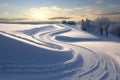 curved sled tracks crisscrossing on a pristine snow-covered hill