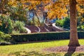 Curved stairs leading down into a garden. Royalty Free Stock Photo