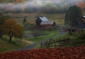 Beautiful and famous house and barn with fog in Woodstock Vermont