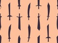 Curved swords seamless pattern. Swords silhouettes. Weapons of the Roman Empire, gladius. Design of swords for posters, banners