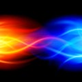 Curved transition illuminated blaze red blue burning flame black poster background template vector