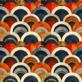 Art Deco Curved Wave Seamless Pattern, Retro Geometric Tile Design In Orange Navy And Gold For Vintage Wallpaper And Fabric Royalty Free Stock Photo