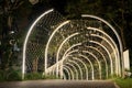 Curved white beams form an illuminated tunnel accented with hanging lights, and the structural lines create a clean pattern Royalty Free Stock Photo