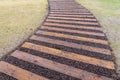 Curved wood path walkway and green grass lawn in perspective vie Royalty Free Stock Photo