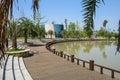 Curving lakeside path,stairway and tarred road in sunny summer a