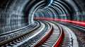 Curving railway tracks inside a tunnel with dynamic light streaks creating a sense of motion Royalty Free Stock Photo