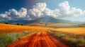Curving red dirt road through golden wheat fields with wildflowers under dramatic clouds and mountain backdrop Generative AI Royalty Free Stock Photo
