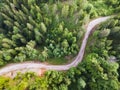 Curving road  leading trough beautiful pine forest landscape. Aerial shoot Royalty Free Stock Photo