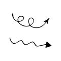 curvy arrows set. direction indicator collection. illustration hand drawn in doodle line art style. monochrome